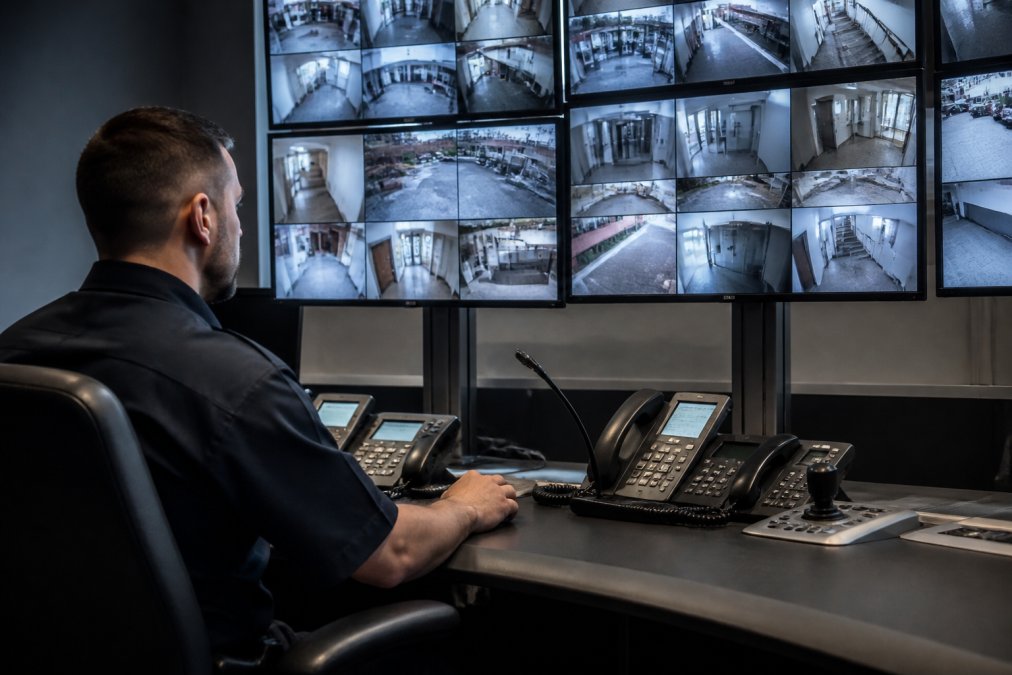 Professional security operator monitoring multiple CCTV feeds on high-resolution screens in a modern security control room with alarm system interface visible, displaying live incident monitoring and dispatch coordination