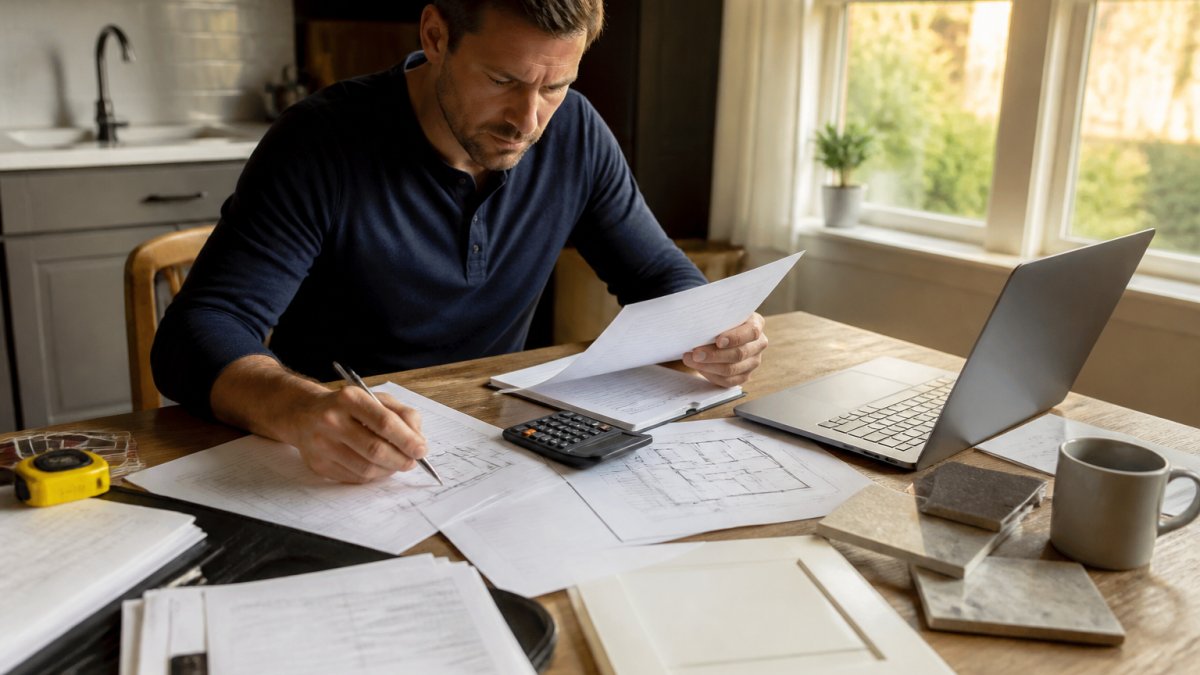 A real estate investor reviewing renovation cost estimates and loan documents spread across a kitchen table, calculator and laptop open to a spreadsheet, warm afternoon light through a window