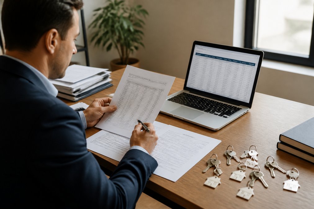 A real estate investor seated at a desk reviewing printed lease agreements and a laptop displaying a rental income spreadsheet, with multiple property keys and a notepad arranged beside them, in a well-lit home office