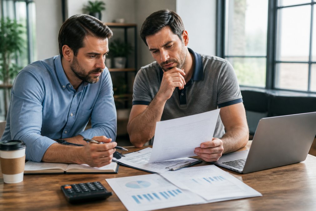 Real estate investor reviewing property financial statements and loan documents at a desk with a laptop and calculator, natural office lighting