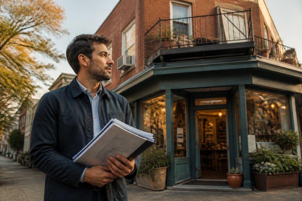 A real estate investor standing in front of a mixed-use building with a residential unit above a small storefront, holding a folder of property documents, late afternoon light