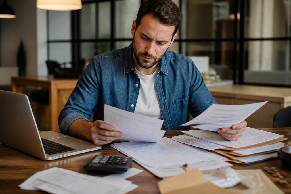 Real estate investor organizing financial documents and tax returns on a desk with a laptop and calculator nearby, reviewing paperwork under office lighting