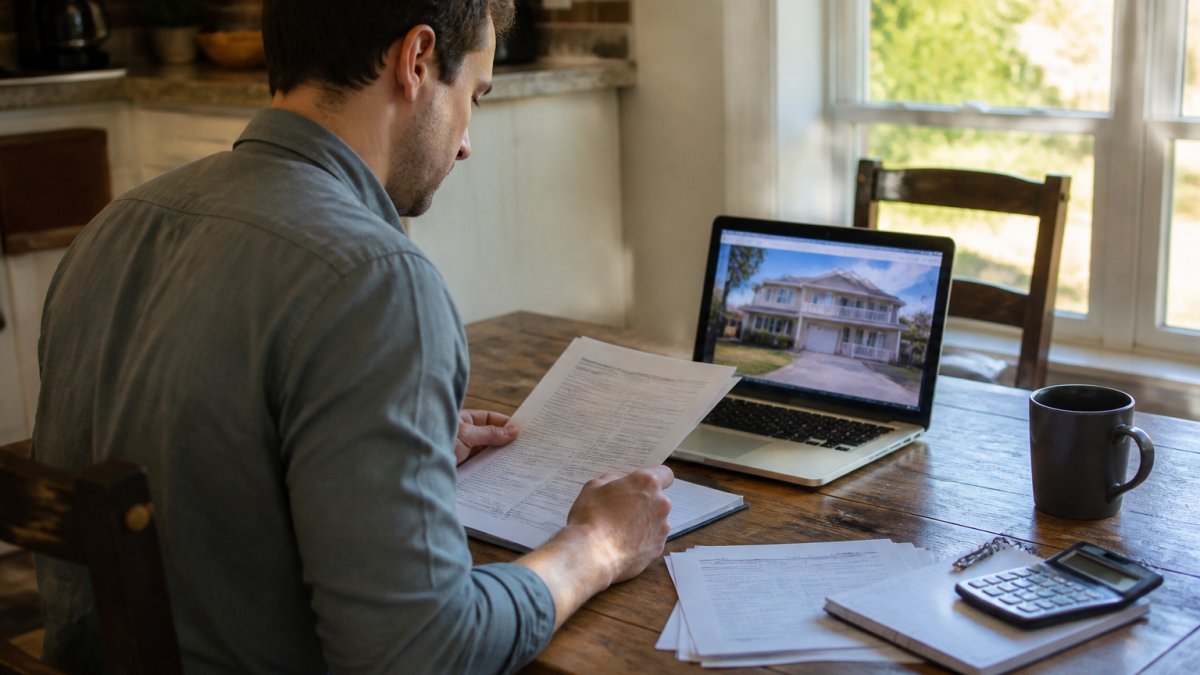 A real estate investor at a kitchen table reviewing loan paperwork and a laptop showing a rental property listing, calculator and notepad beside them, warm afternoon light through a window