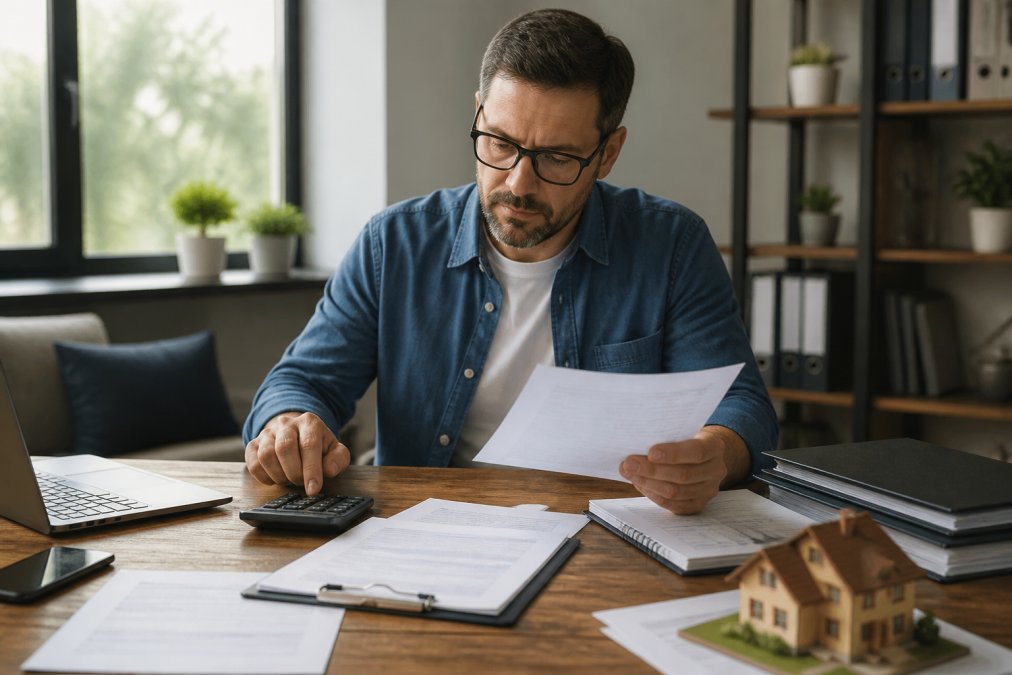 Self-employed real estate investor reviewing rental property lease agreements and financial statements at a desk with a calculator, laptop, and property appraisal documents in natural office lighting