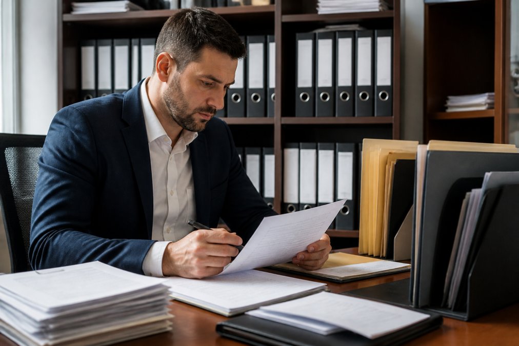 Loan officer or underwriter reviewing DSCR application materials and property documentation in a professional office with organized file folders and computer screens