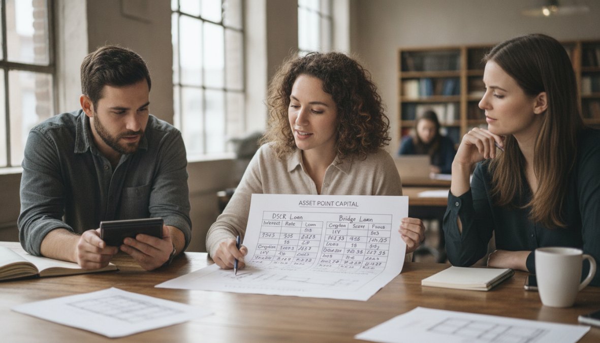 Real estate investor reviewing loan documents, financial spreadsheets, and property analysis on a wooden desk with calculator, pen, and property photographs in natural daylight