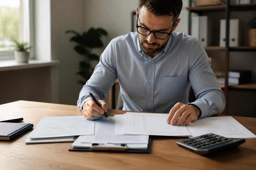 Professional reviewing loan documents and financial statements with pen in hand at a desk in a modern office setting with natural lighting