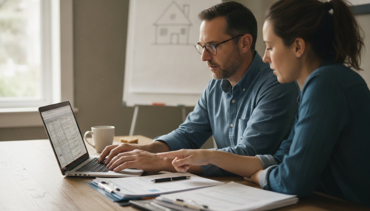 Real estate investor reviewing rental property financial statements and cash flow spreadsheets on a laptop at a wooden desk with documents and a calculator nearby, natural window lighting