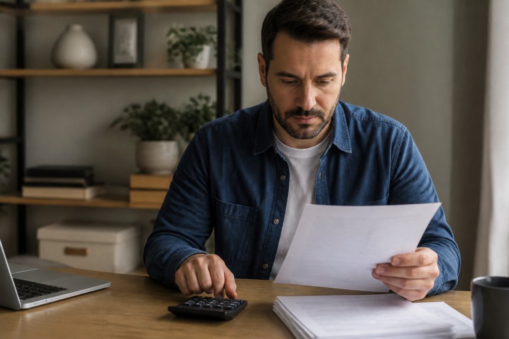 Real estate investor reviewing financial documents and rental income statements at a desk with a calculator and laptop, natural office lighting