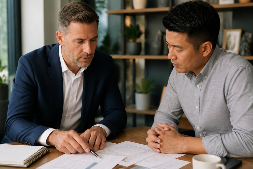 Professional loan officer meeting with multifamily property investor in modern office, reviewing financing documents and property analysis on desk