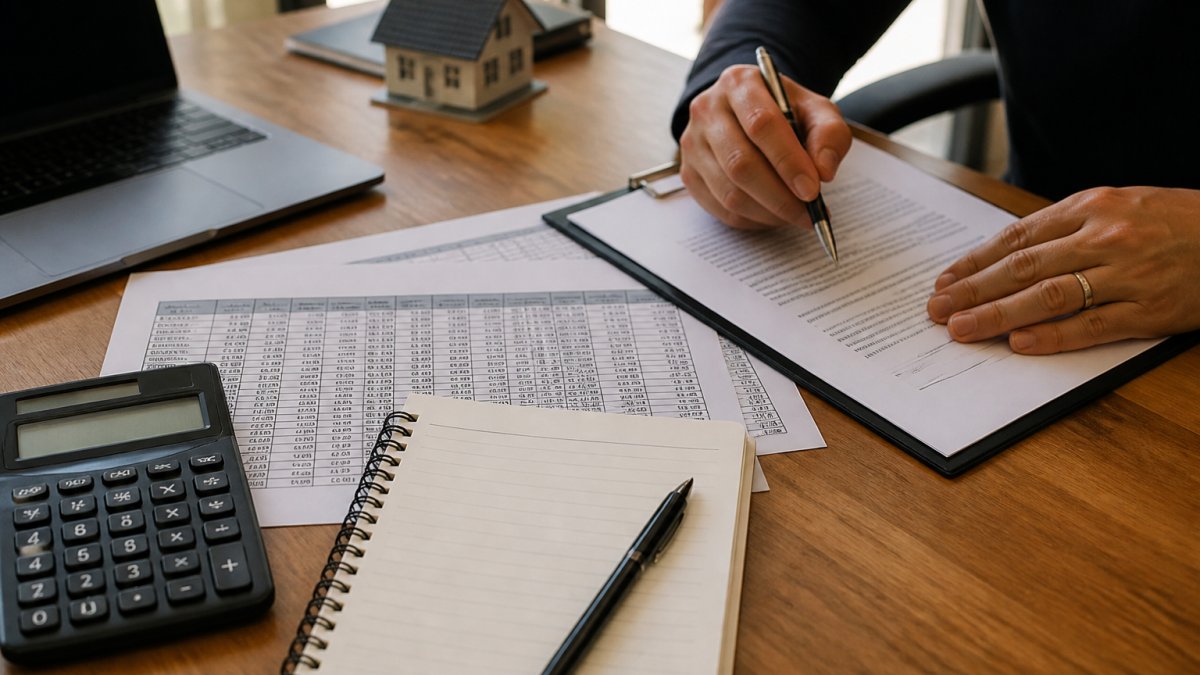 Real estate investor reviewing property lease agreement, financial spreadsheet, and calculator on desk with laptop and notebook in natural office lighting