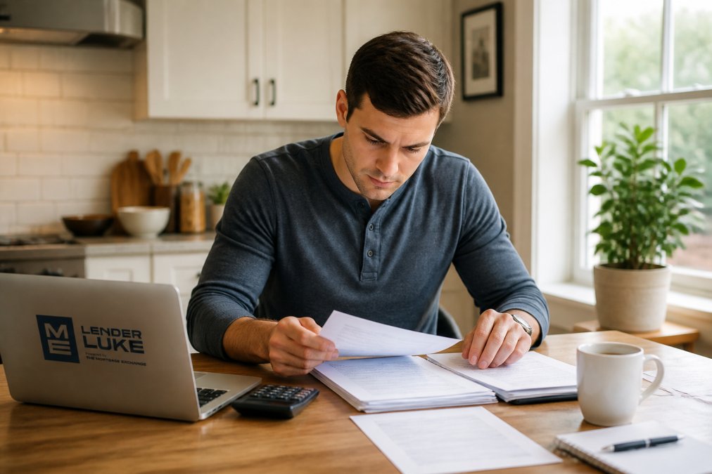 A real estate investor reviewing property documents and financial paperwork at a kitchen table with a laptop, calculator and coffee nearby, bright natural light from a window
