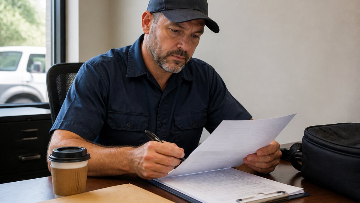 Professional route driver reviewing printed resume at desk with pen and coffee, preparing for job application with focused attention