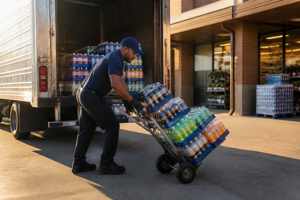 A DSD driver in uniform unloading beverage cases from a delivery truck at a grocery store loading dock, early morning light, action shot
