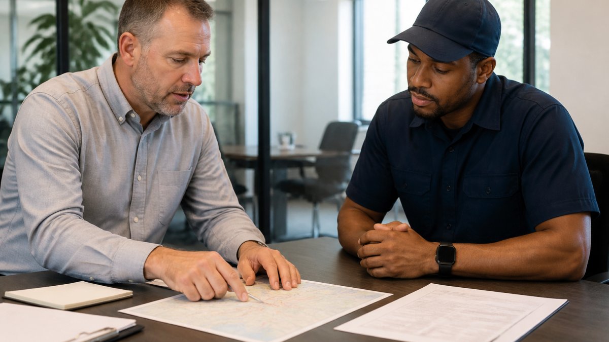 Hiring manager and route driver candidate sitting across from each other at a desk in a modern office, reviewing route maps and job requirements together, natural office lighting