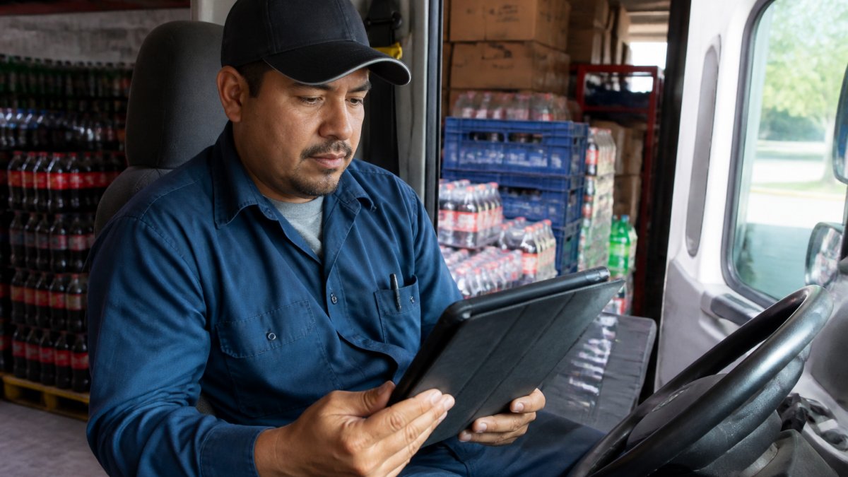 Professional route driver reviewing and editing his DSD route driver resume on a tablet at a delivery truck cab, with beverage cases and merchandise visible in the background