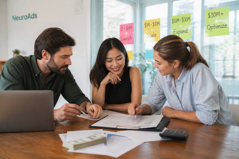 A marketing team of three reviewing pricing documents and laptop analytics in a bright modern office, with sticky notes on a glass wall showing revenue milestones