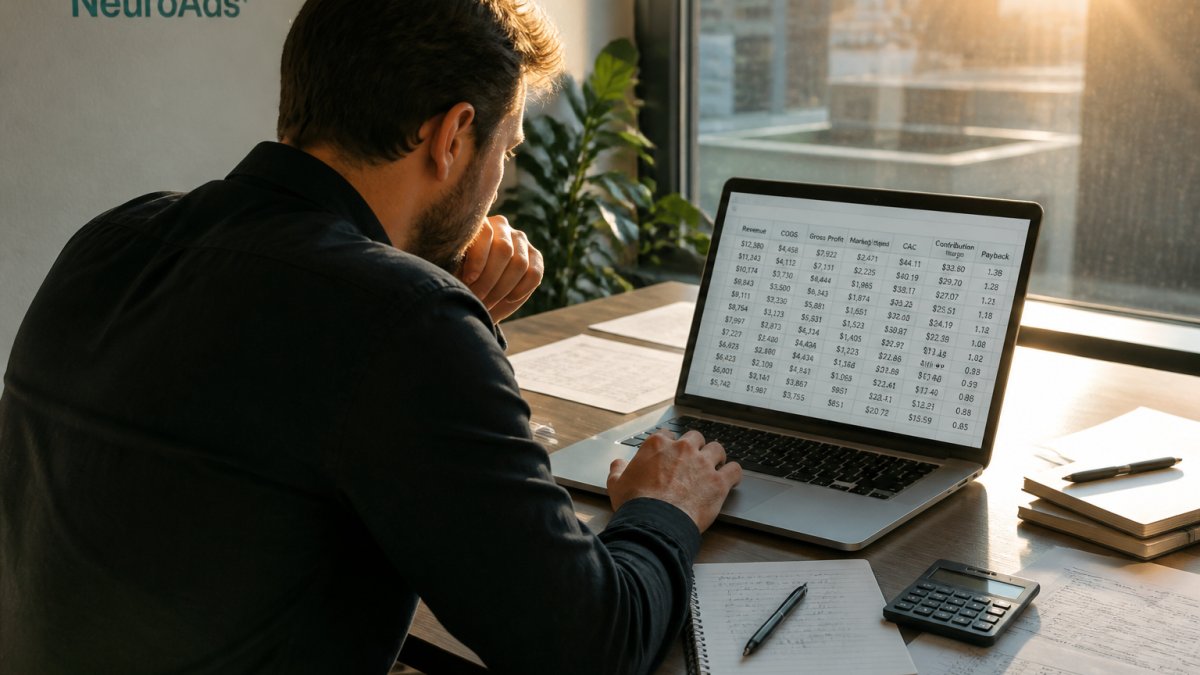 A DTC founder at a desk reviewing ad spend and margin numbers on a laptop screen, calculator and notebook beside the keyboard, late-afternoon office light