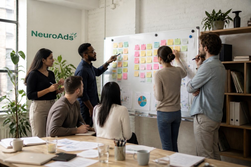 A diverse team of e-commerce marketers collaborating around a whiteboard covered in sticky notes and growth metrics in a bright modern office