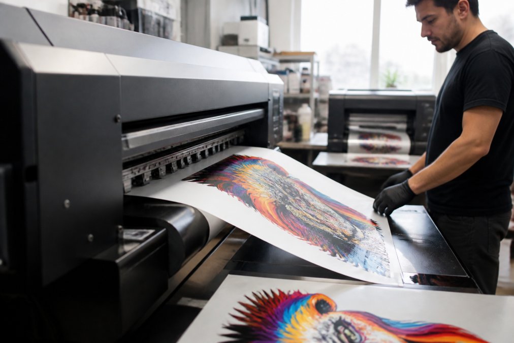 Close-up of a DTF printer in operation, printing a vivid full-colour design onto transfer film in a brightly lit professional print shop, with a technician monitoring the output at a production bench
