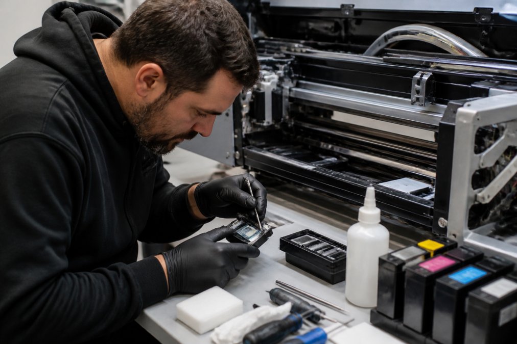 A maintenance engineer in a print facility carefully cleaning a DTF printer printhead with specialist tools on a well-lit workbench, wearing protective gloves, with ink cartridges and cleaning solution visible nearby