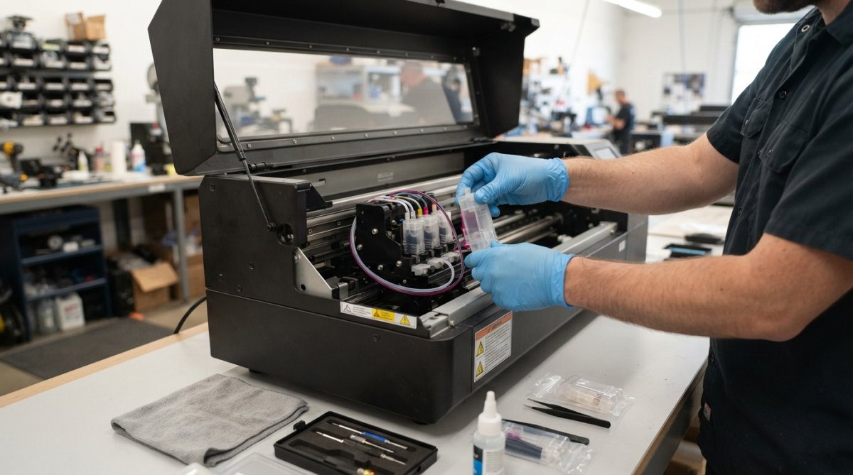 A technician's hands in nitrile gloves fitting a new ink damper onto the printhead carriage of an open DTF printer, bright workshop lighting, clean bench with small tools laid out