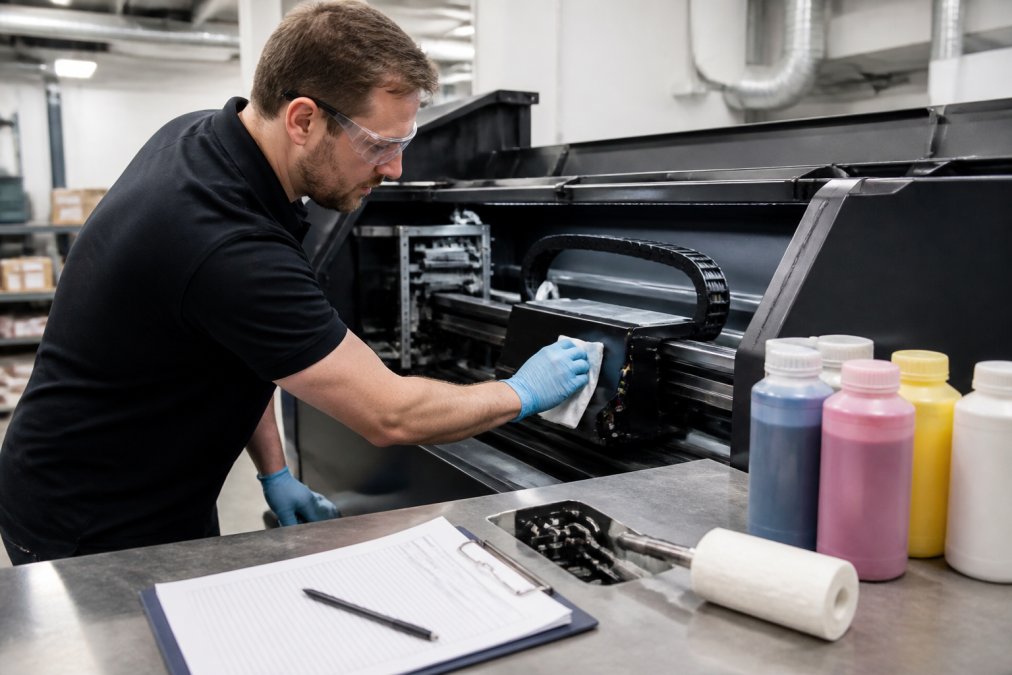 A print operator in gloves and safety glasses wiping down a DTF printer carriage with a lint-free cloth in a clean commercial print workshop, ink bottles and a maintenance log clipboard visible on the bench
