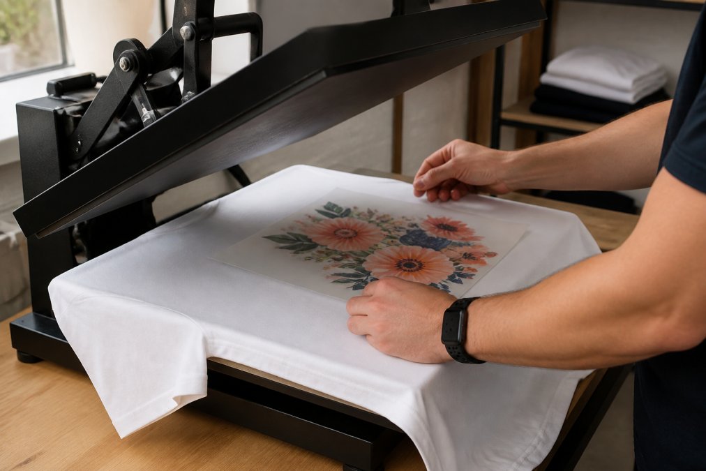 Hands carefully positioning a DTF transfer onto a white t-shirt on a professional heat press, with precise alignment and gentle pressure being applied, natural workshop lighting