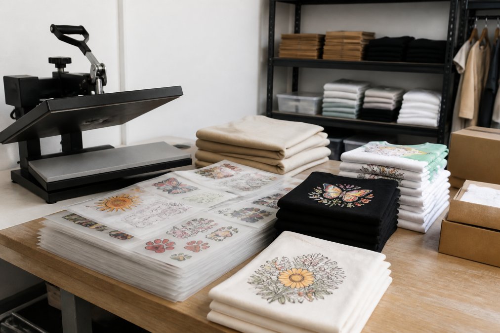 Small home print shop workspace with a professional heat press, organised stacks of gang sheets waiting to be cut, and finished custom t-shirts and apparel neatly folded and ready for packaging and shipment