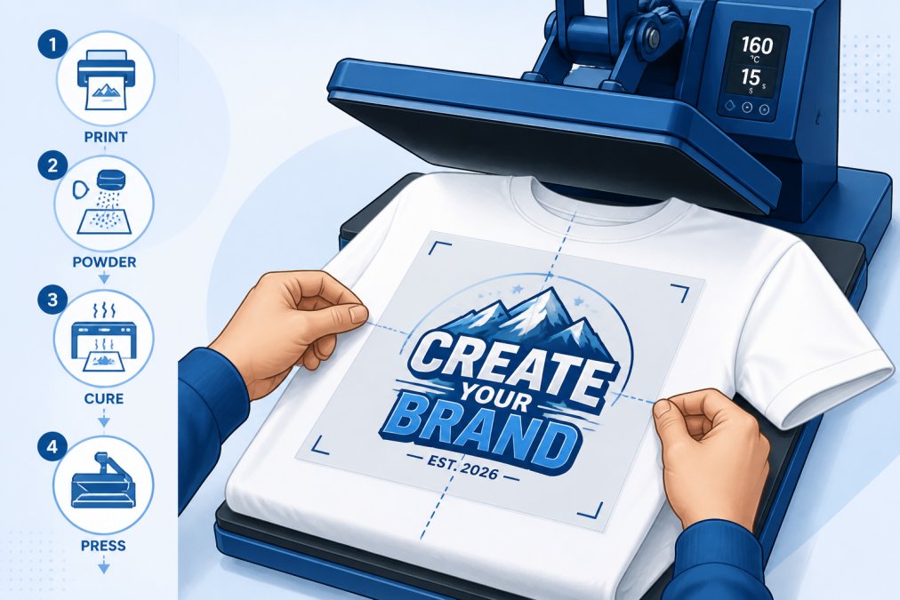 Close-up of hands positioning a DTF transfer onto a white t-shirt on a heat press, showing precise alignment and the vibrant custom graphics on the film