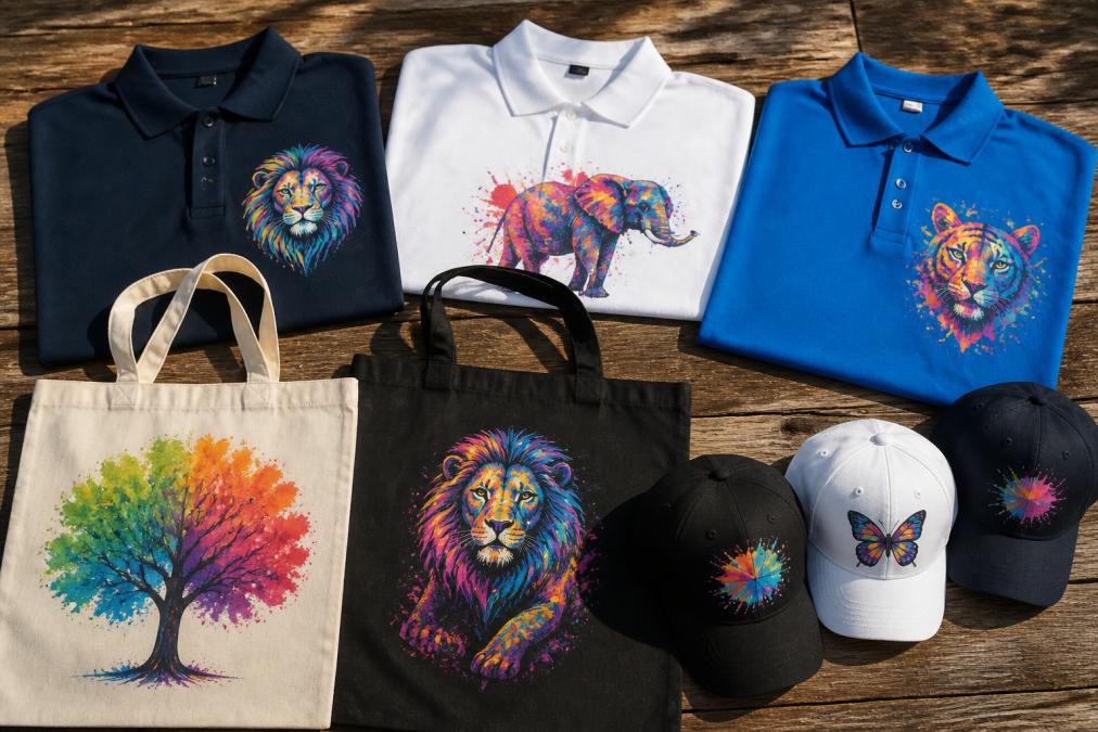 Flat-lay arrangement of branded merchandise items featuring DTF-printed designs: polo shirts, tote bags, and baseball caps displaying vibrant custom graphics in bright natural lighting