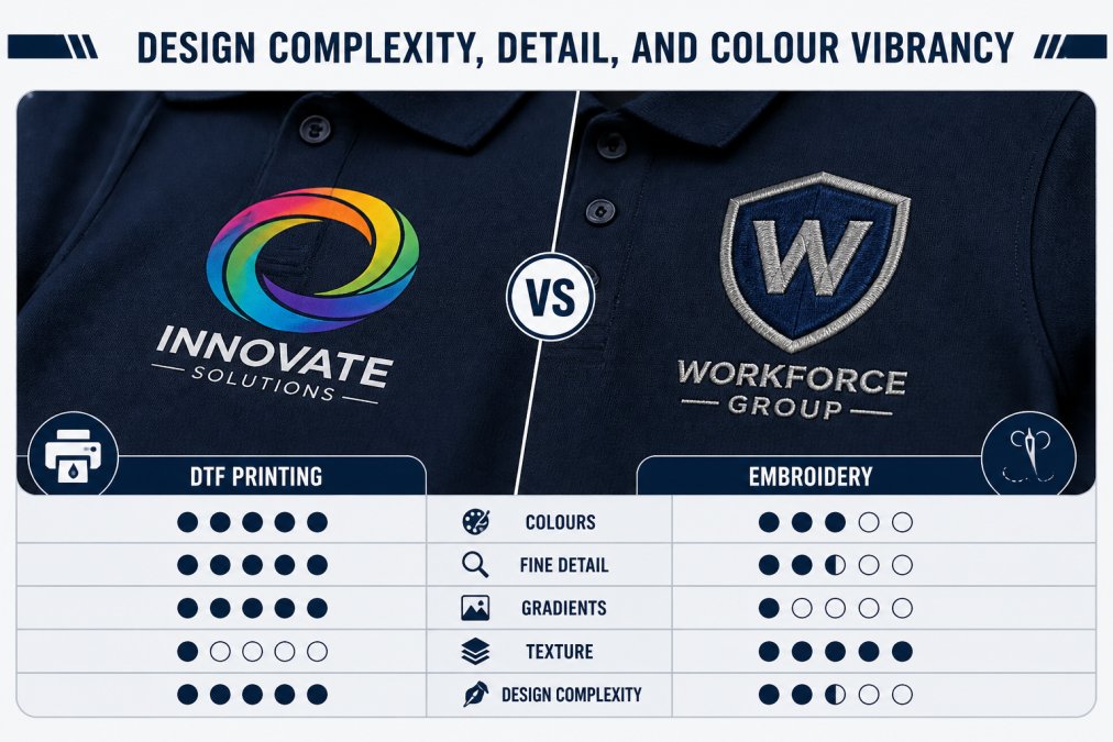 Close-up of a polo shirt chest area showing a vibrant full-colour DTF printed logo with gradient detail on the left side and a raised, textured embroidered logo with solid colours and visible stitching on the right side, under bright studio lighting