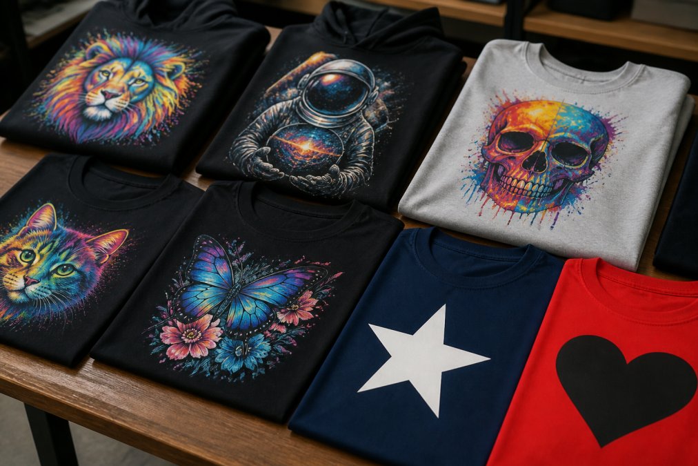 Finished custom apparel samples displaying vibrant full-colour DTF prints with photorealistic gradients and detailed artwork alongside solid-colour heat transfer vinyl designs arranged on display table