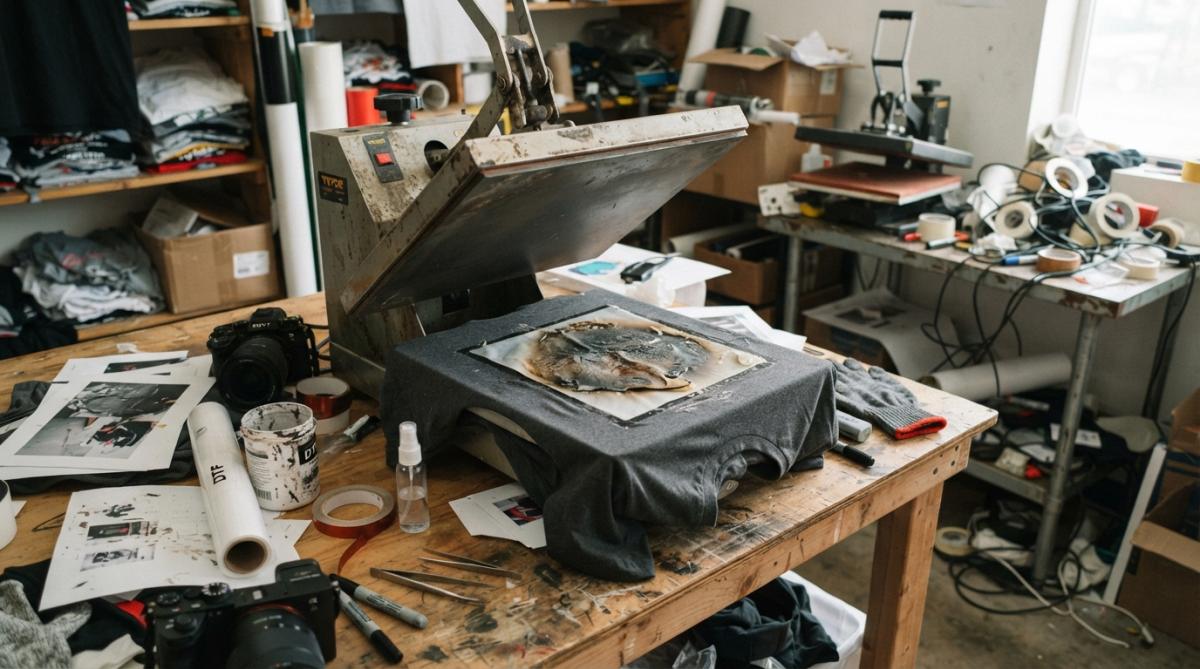 Close-up of a small business owner examining a heat-transferred garment on a workbench, checking for peeling edges and quality issues, with a heat press visible in the soft background