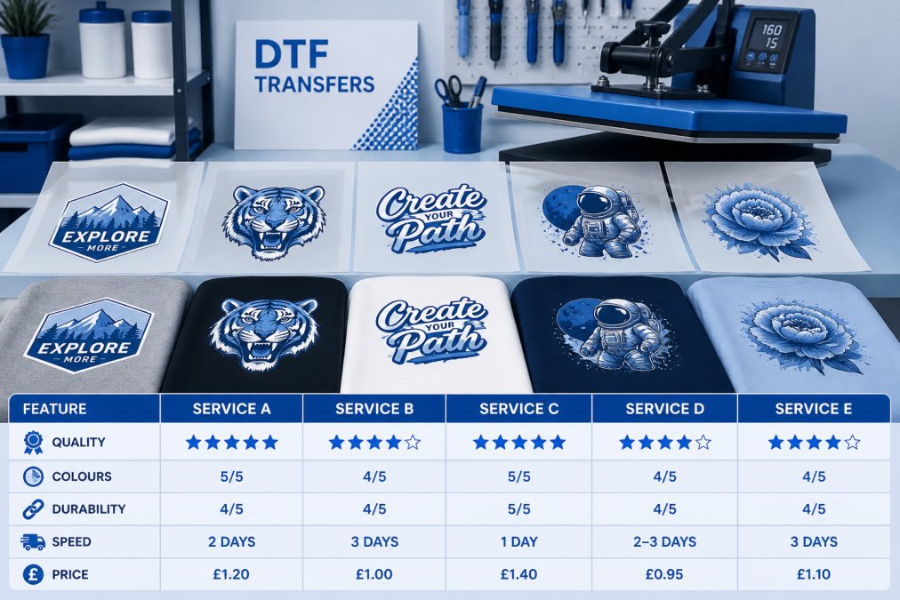 Close-up of finished DTF transfer sheets arranged on a workbench with a heat press in the background, showing various multi-colored designs on white, black, and navy cotton fabrics
