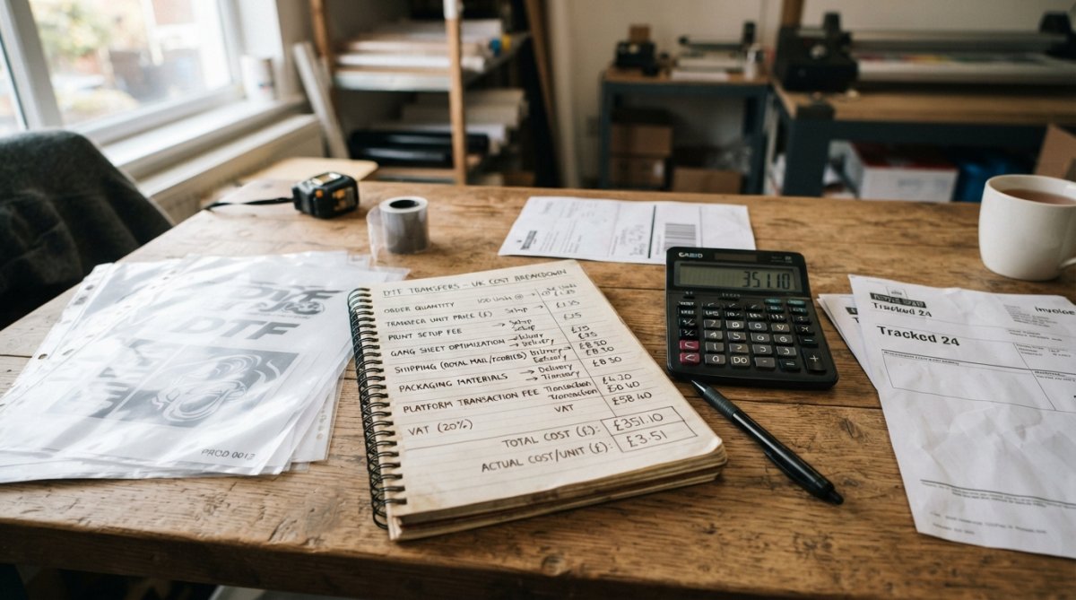 Close-up of hands holding a detailed invoice or cost breakdown document with multiple line items visible, next to a calculator and pen on a desk