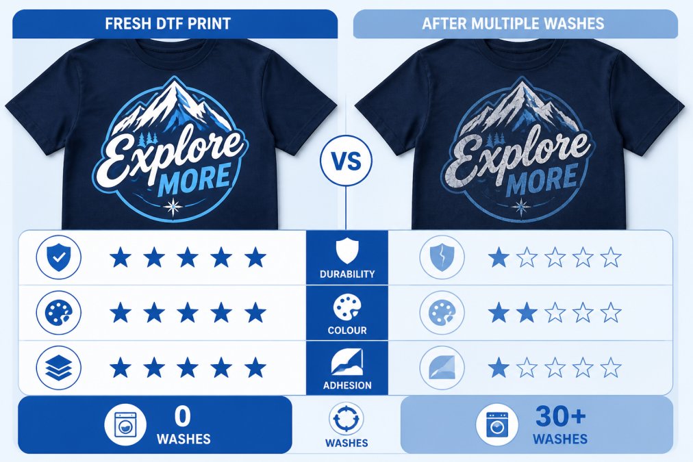 Side-by-side comparison of two printed garments, one with a fresh, vibrant DTF print and one showing visible cracking, peeling, and colour fading from multiple wash cycles