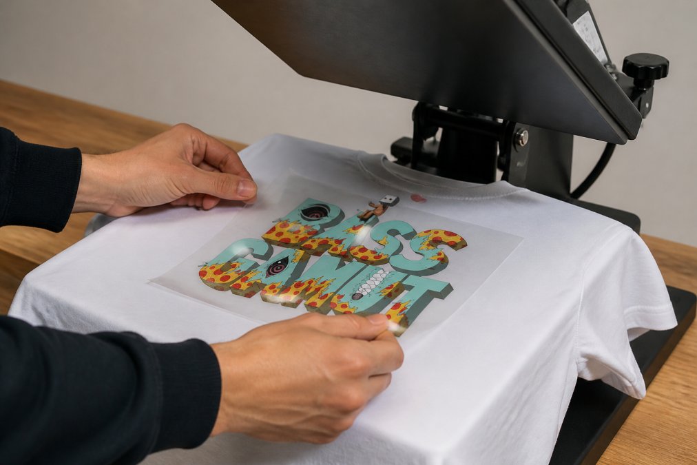 Hands carefully positioning a DTF transfer onto a white t-shirt on a heat press, with the PET film visible and aligned properly before pressing