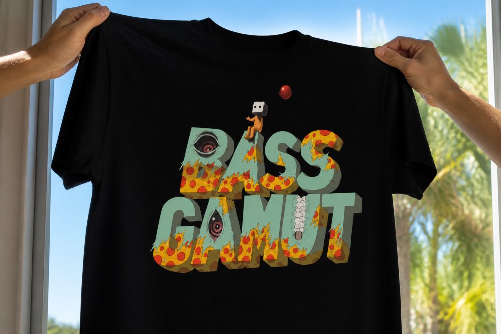 Finished custom t-shirt with vibrant DTF printed graphic being held up against natural light, showing print quality, colour saturation, and design clarity