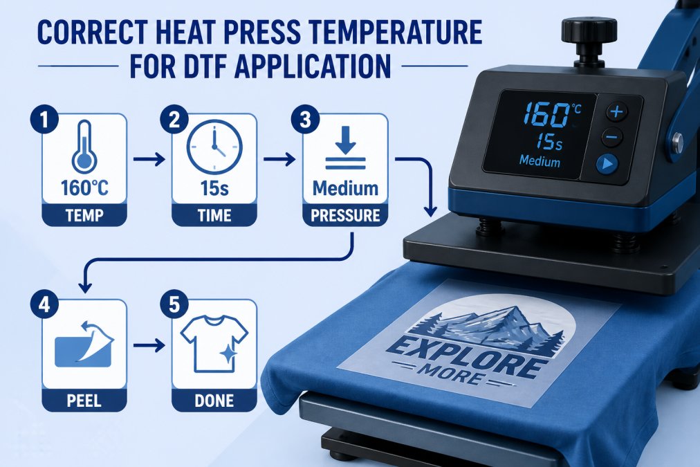 Close-up of a heat press display showing temperature readout with a DTF-printed garment positioned on the press bed, showing the application process in action
