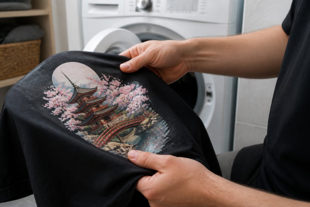 Hands holding a DTF-printed garment being examined for durability, with a washing machine visible in the background, showing post-wash quality inspection