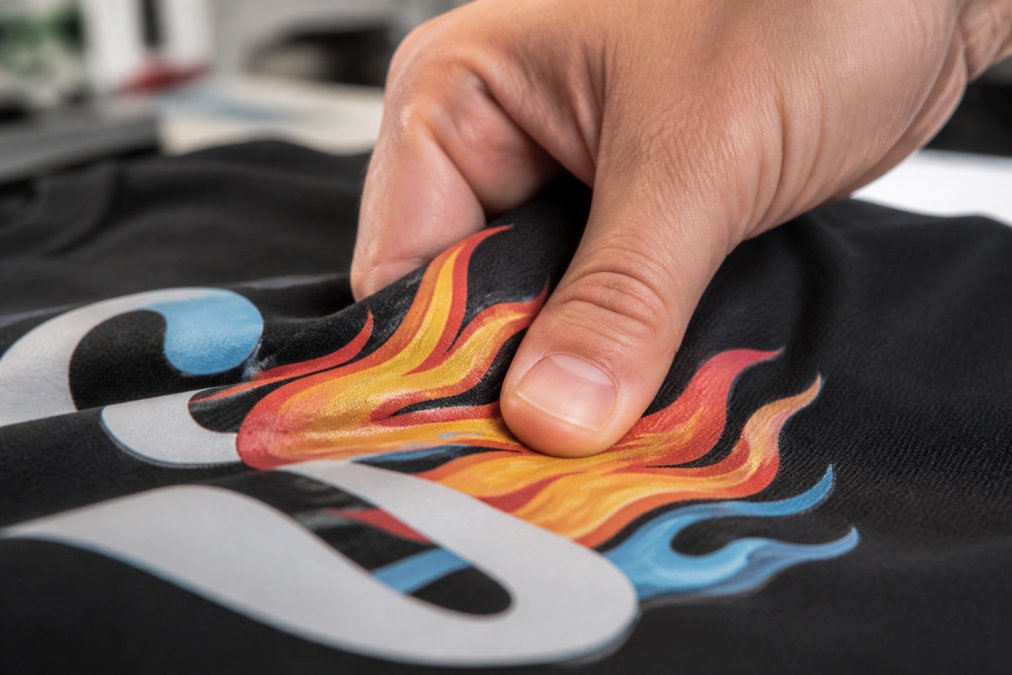 Close-up of a person's fingers pressing and flexing the printed area of a black cotton t-shirt, showing the smooth surface of a DTF transfer in bright workshop lighting