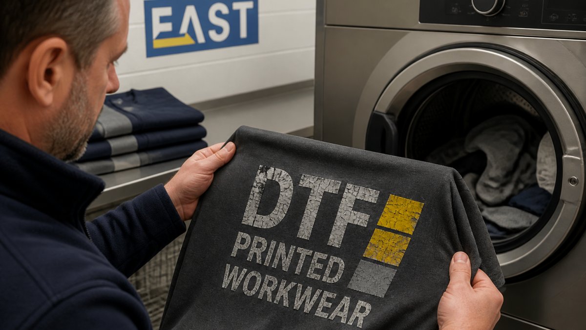 DTF-printed workwear garment showing edge cracking and colour shift after 50 washes in warm water, demonstrating typical failure patterns in high-use environments