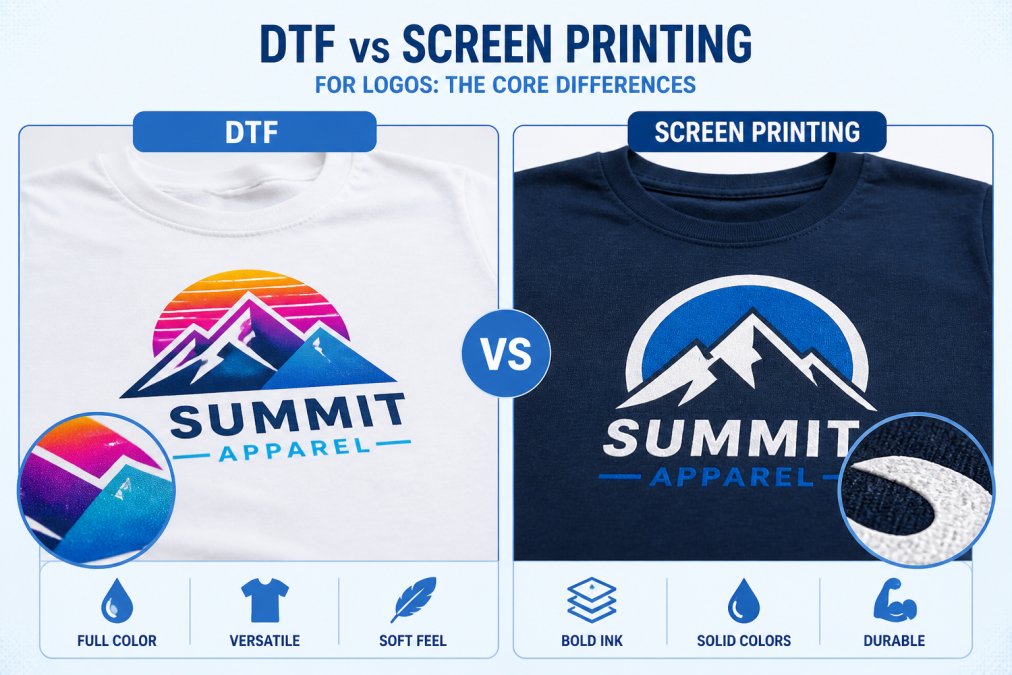 Side-by-side close-up of two custom-printed t-shirts on a flat surface: one showing a vibrant full-color DTF transfer logo and one showing a bold plastisol screen-printed logo with visible texture differences, photographed under bright studio lighting on a clean white background