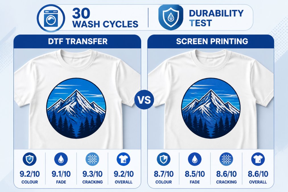 Side-by-side comparison of two white cotton t-shirts after 30 wash cycles, one with a vibrant, intact DTF transfer showing sharp colour definition, the other with a screen-printed design showing similar preservation, both displayed under bright studio lighting