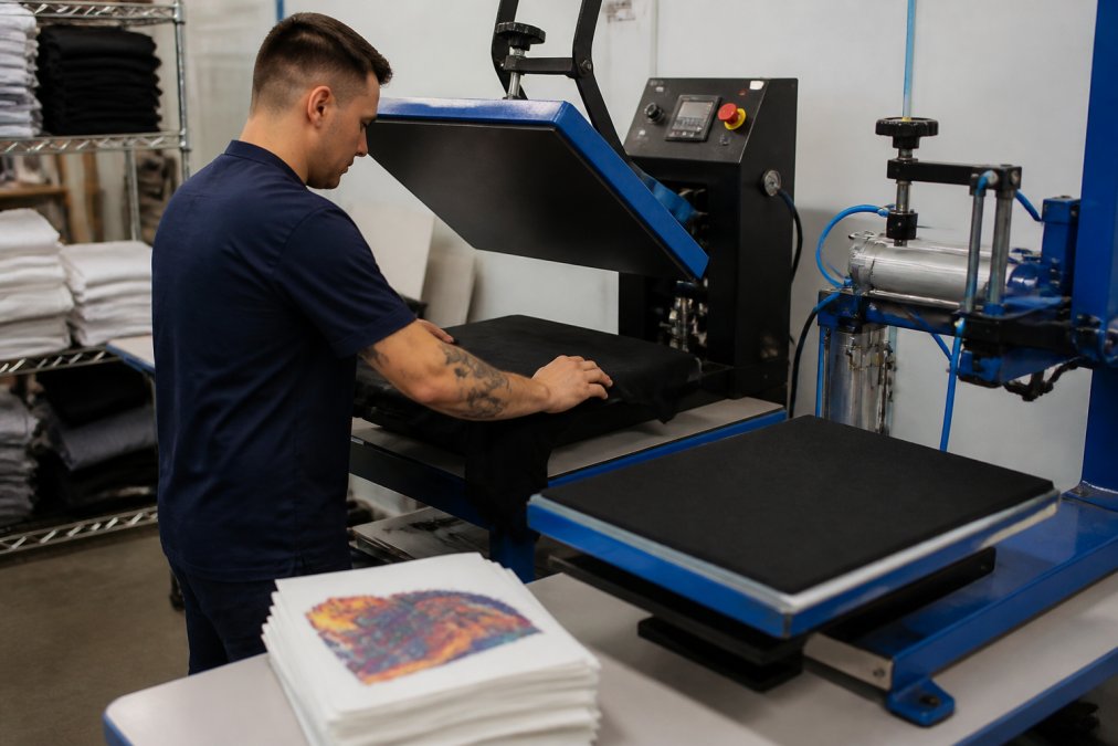 Operator loading a garment onto a pneumatic heat press with DTF transfers nearby