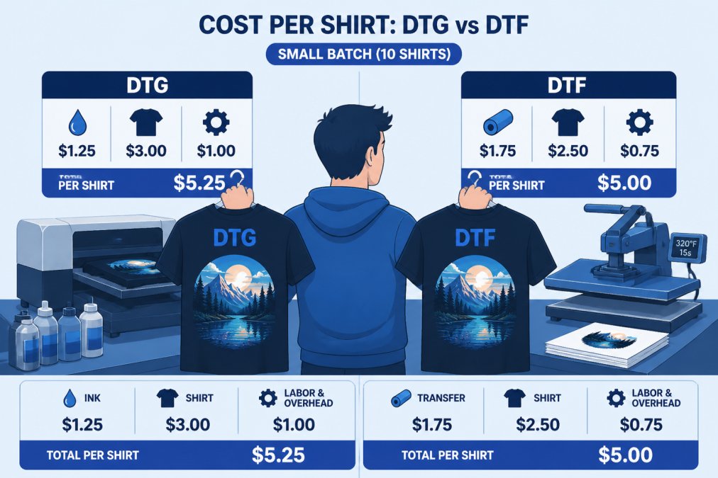 A small business owner in a workshop comparing two custom-printed t-shirts side by side, one with a DTG print and one with a DTF transfer, both showing vibrant full-color designs, with a heat press visible in the background