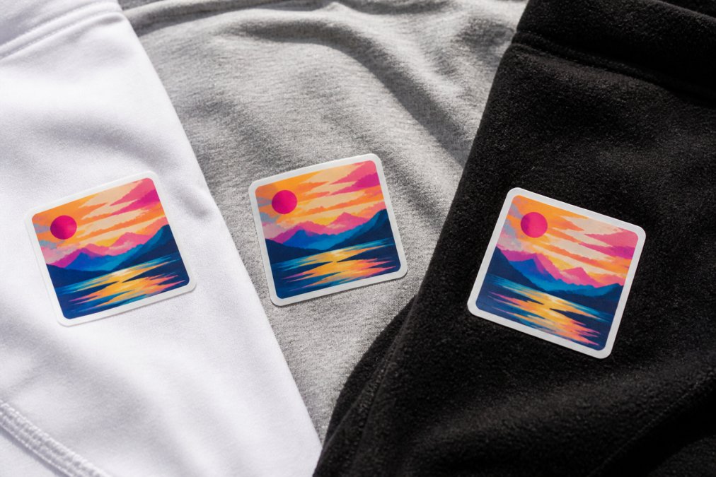 Flat lay of several fabric swatches in different textures, cotton, polyester blend, and fleece, each with a small printed patch showing color vibrancy differences under bright studio lighting