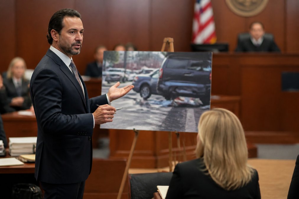 Experienced trial attorney in dark suit presenting evidence to jury in modern courtroom, standing confidently near evidence display, professional serious demeanor