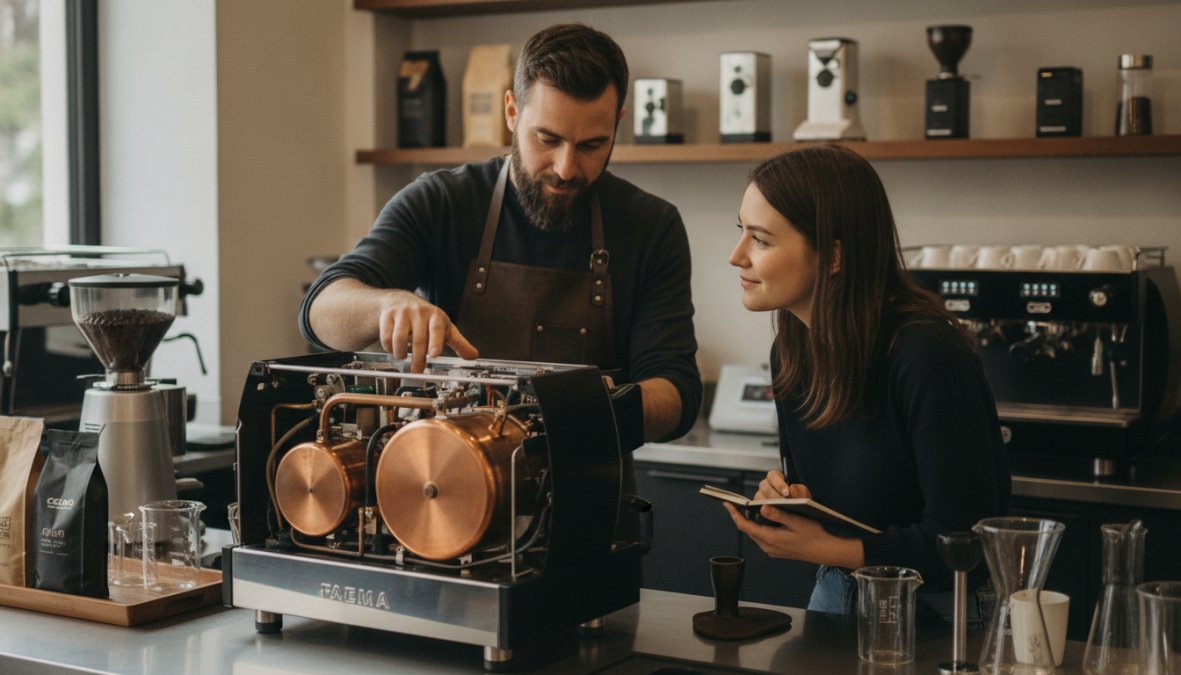 Close-up of dual boiler espresso machine's internal dual heating elements and separate brew and steam boilers visible in professional café setting